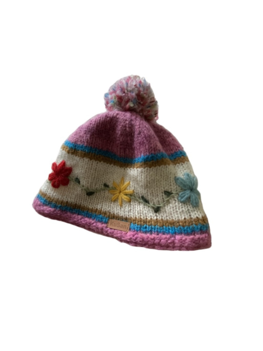 KuSan One Size Pink White Striped Floral Knit Pom Beanie